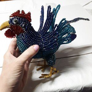 Glass Bead & Wire Rooster Sculpture Figure Blue & Red by Grass Roots Farm Decor